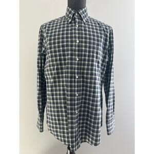 Brunello Cucinelli Cotton Button Down Dress Shirt Green Blue Plaid Size Large SG